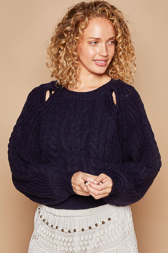 POL Cable Knit Cutout Long Sleeve Sweater