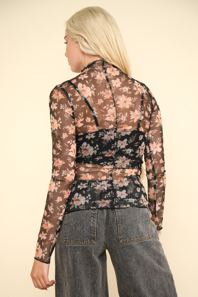 VERY J Floral Mock Neck Sheer Mesh Blouse