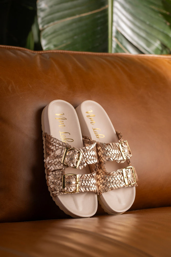 Intertwine Dual Woven Strap Slide in Champagne