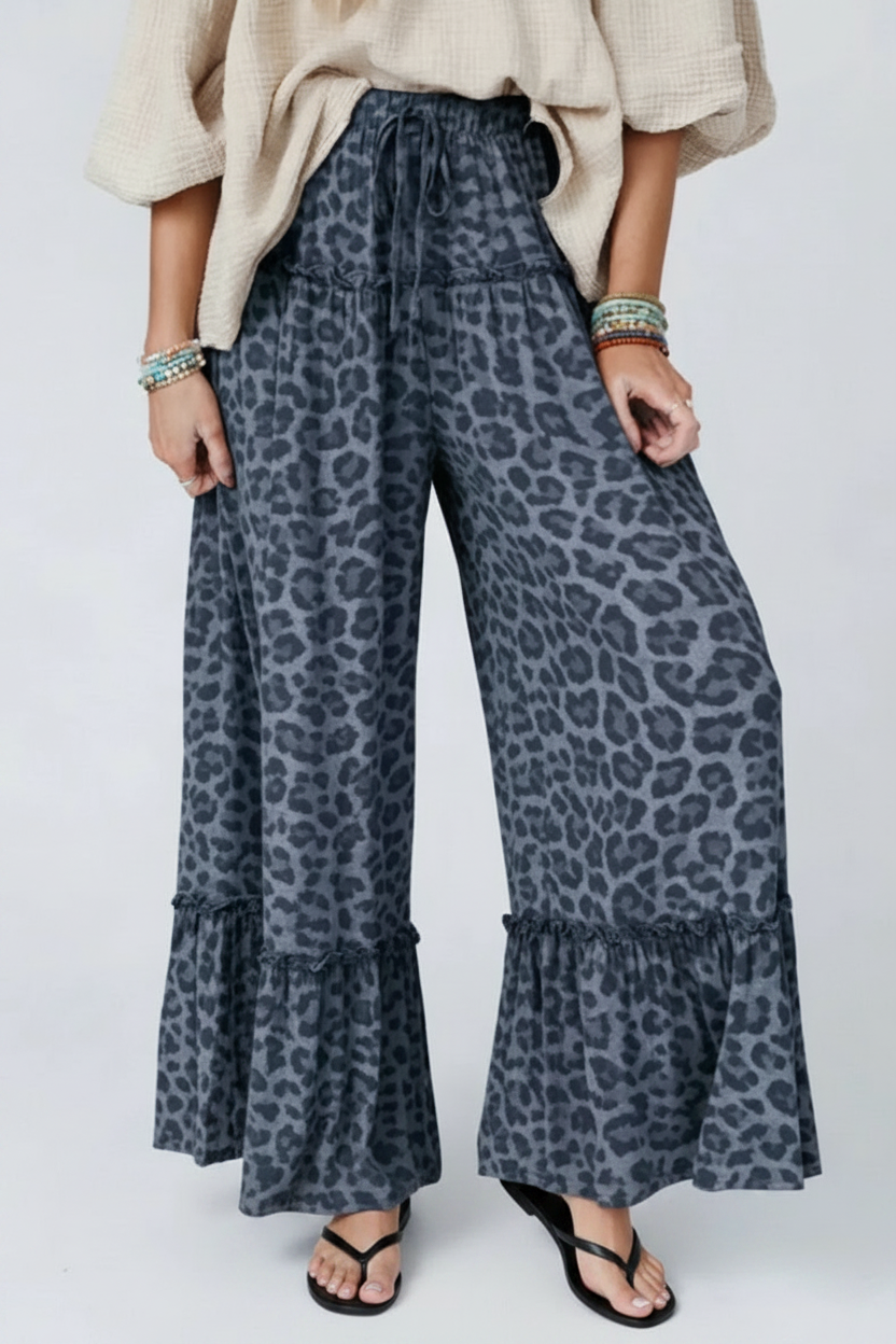 Leopard Print Wide Leg Pants with Black Flip Flops