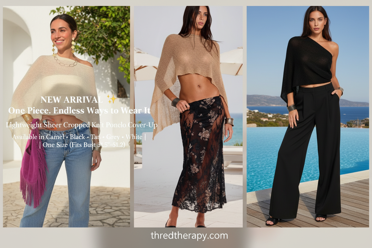 Lightweight Sheer Cropped Knit Poncho Cover-Up — Original Collage Landscape