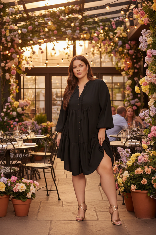 Plus Size Button Front Balloon Sleeve Dress – Spring/Summer Dinner