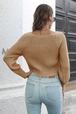 Cropped Round Neck Raglan Sleeve Ribbed Pullover Sweater