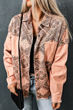 Printed Raw Hem Button Down Jacket with Pockets