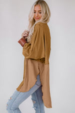 Contrast Texture Round Neck Long Sleeve Blouse