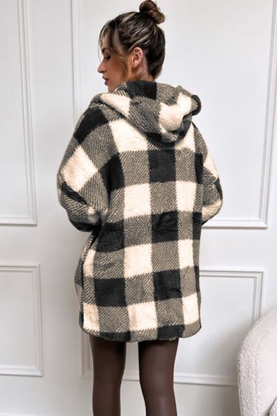 Double Take Full Size Plaid Long Sleeve Hooded Coat