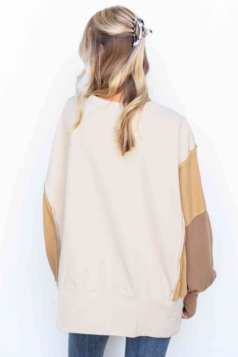 Color Block Exposed Seam Lantern Sleeve Sweatshirt