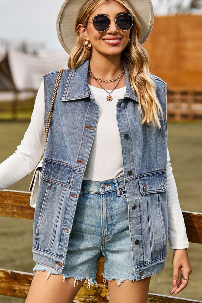 Sleeveless Collared Neck Denim Top with Pockets