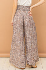 And The Why Printed Smocked Waist Slit Wide Leg Pants