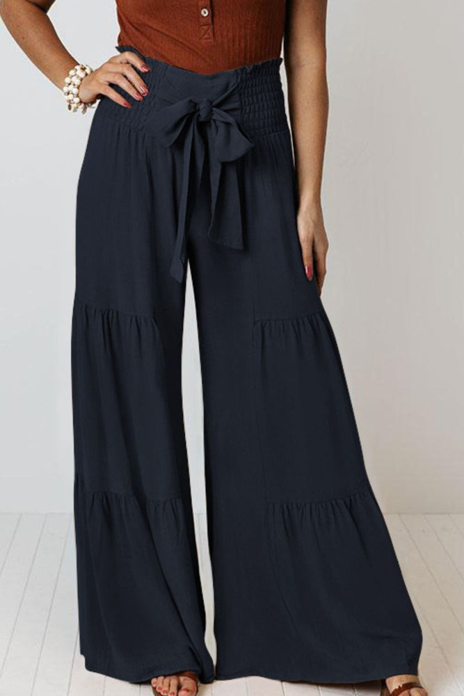 Tie Front Smocked Tiered Wide Leg Pants