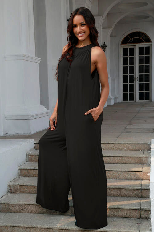 Double Take Full Size Tie Back Cutout Sleeveless Jumpsuit