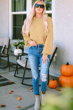 Round Neck Dropped Shoulder Waffle-Knit Sweater