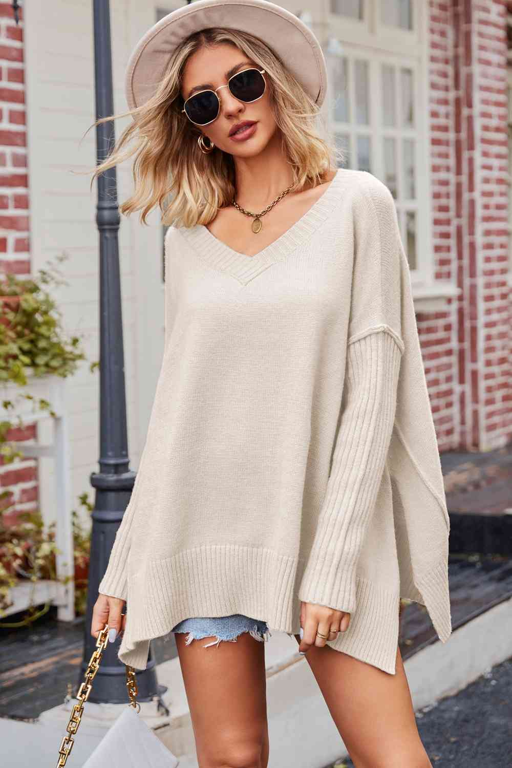 V-Neck Dropped Shoulder Ribbed Long Sleeve Sweater