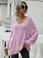 Rib-Knit Drop Shoulder V-Neck Pullover Sweater