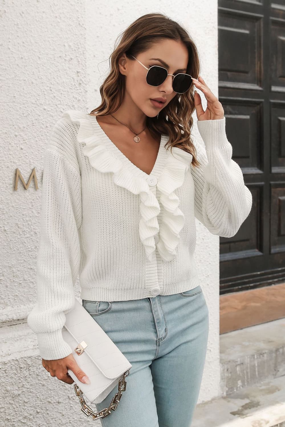 Ruffle Trim Button-Down Dropped Shoulder Sweater