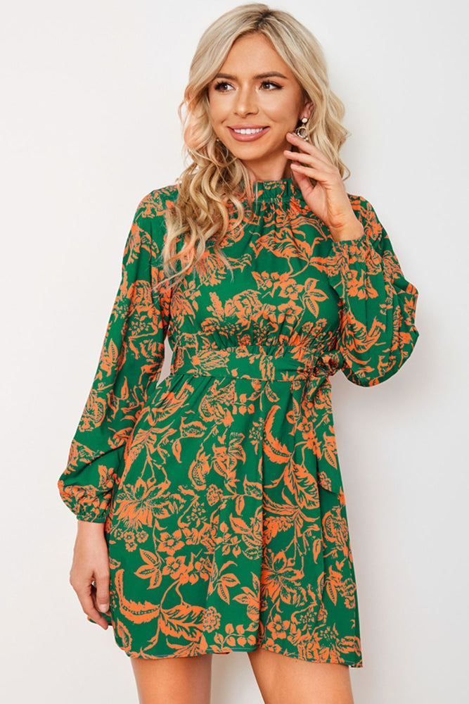 Floral Frill Neck Tied Balloon Sleeve Dress