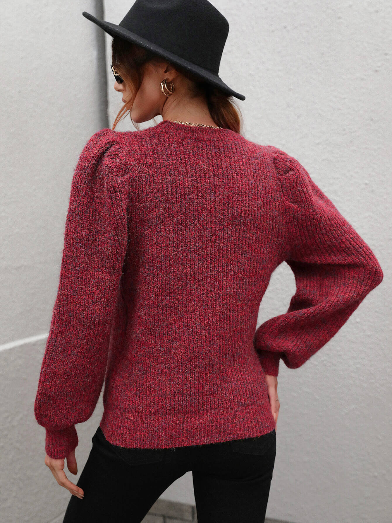 Heathered Long Lantern Sleeve Rib-Knit Sweater