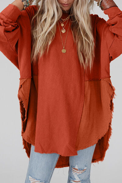 Contrast Texture Round Neck Long Sleeve Blouse