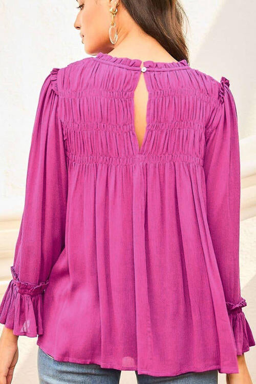 Ruched Blouse Flounce Sleeve Blouse