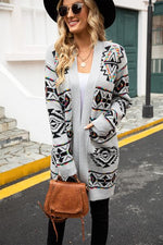 Pocketed Geometric Open Front Dropped Shoulder Cardigan