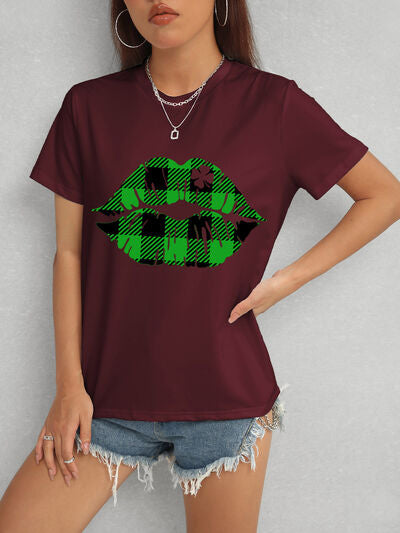 Plaid Lip Graphic Round Neck T-Shirt