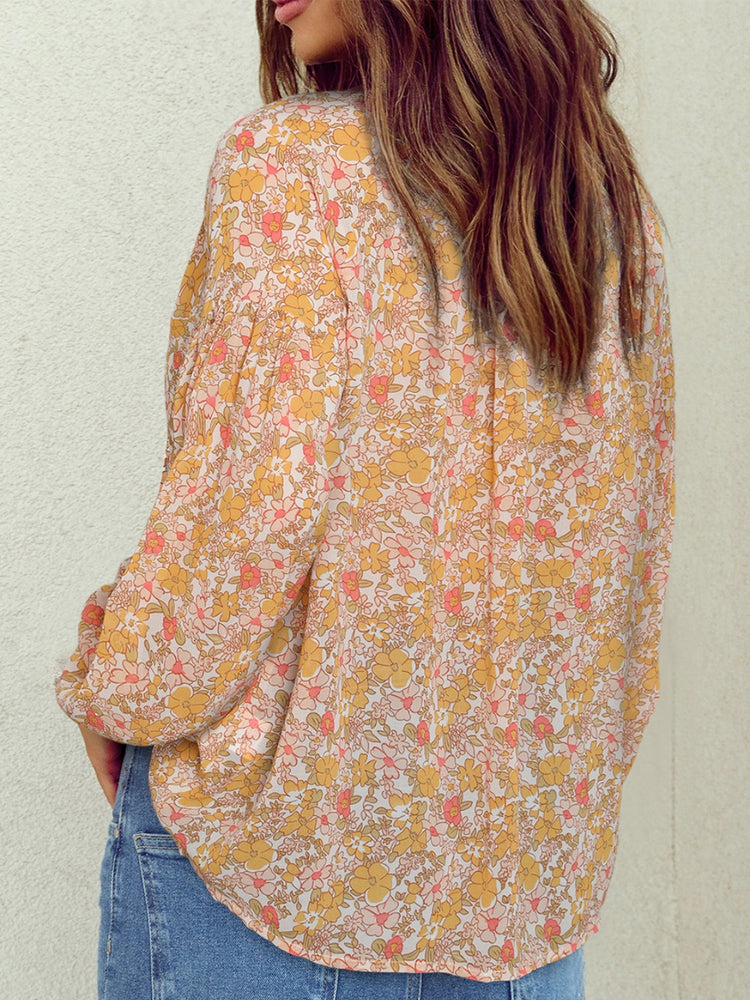 Printed Notched Balloon Sleeve Blouse