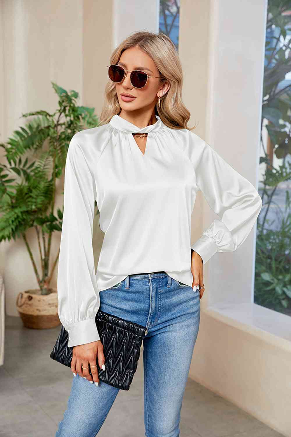 Cutout Mock Neck Long Sleeve Top