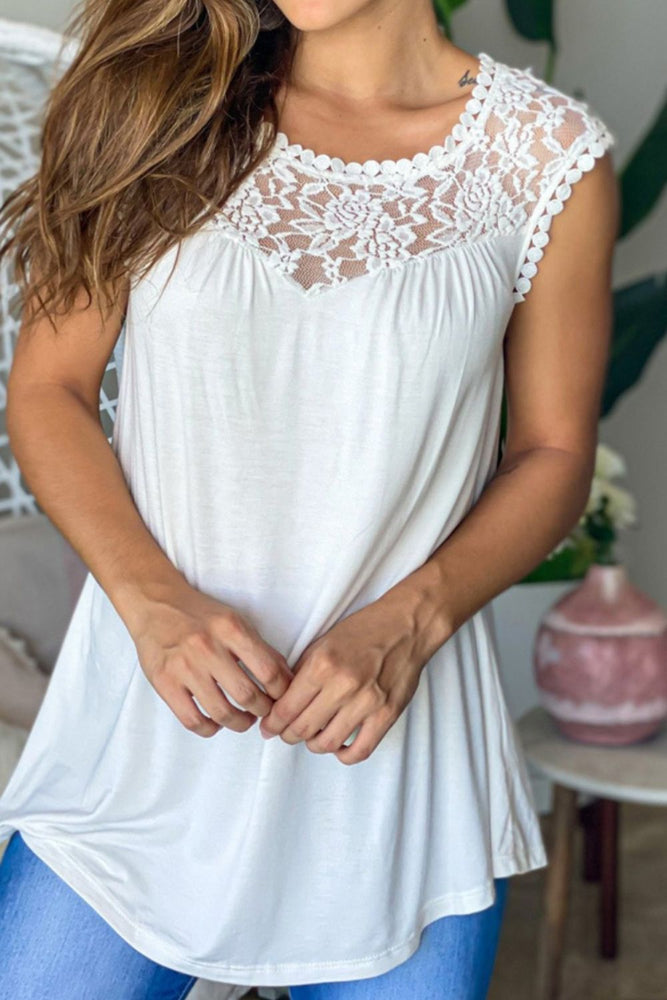 Full Size Lace Round Neck Tank