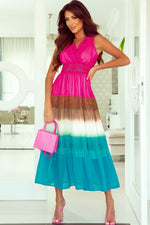 Color Block Lace Trim V-Neck Midi Dress