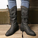 Studded PU Leather Block Heel Boots
