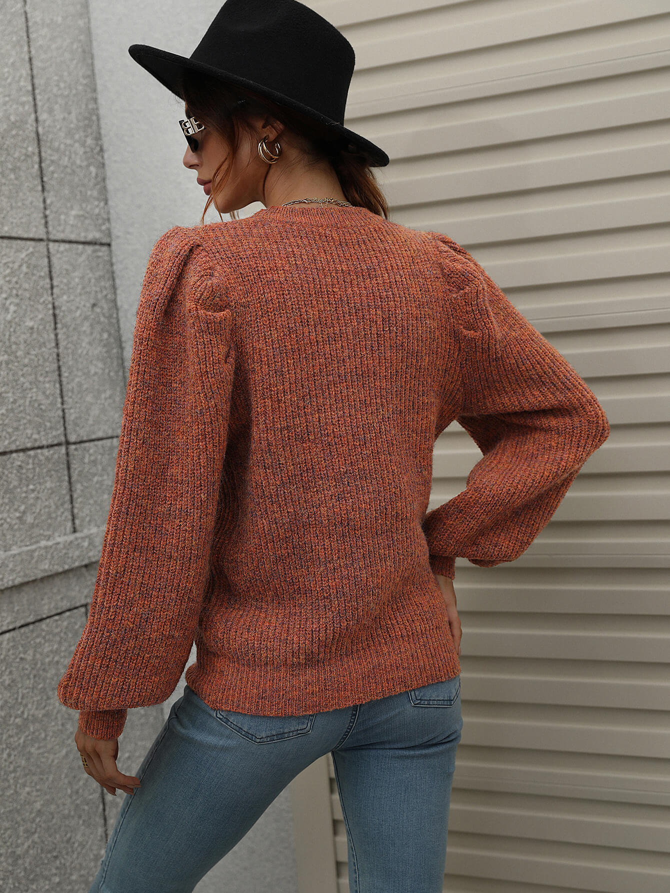 Heathered Long Lantern Sleeve Rib-Knit Sweater