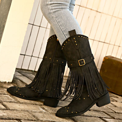 Studded Fringe Block Heel Boots