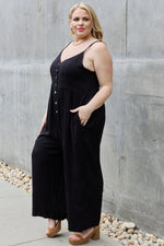 All Day Full Size Wide Leg Button Down Jumpsuit in Black