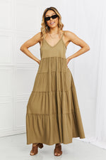 Day to Night Spaghetti Strap Tiered Dress with Pockets in Khaki