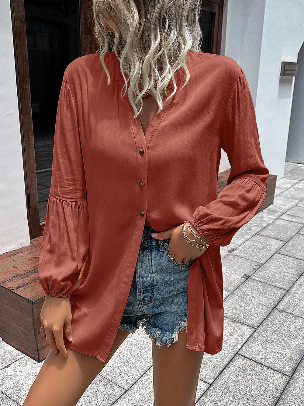 Double Take Notched Neck Balloon Sleeve Shirt