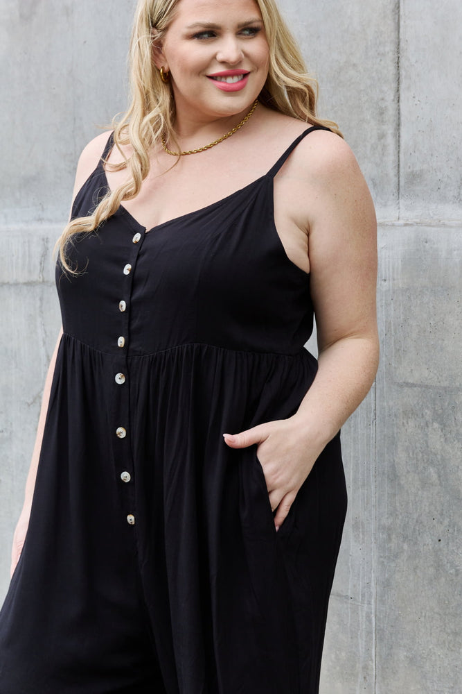 All Day Full Size Wide Leg Button Down Jumpsuit in Black
