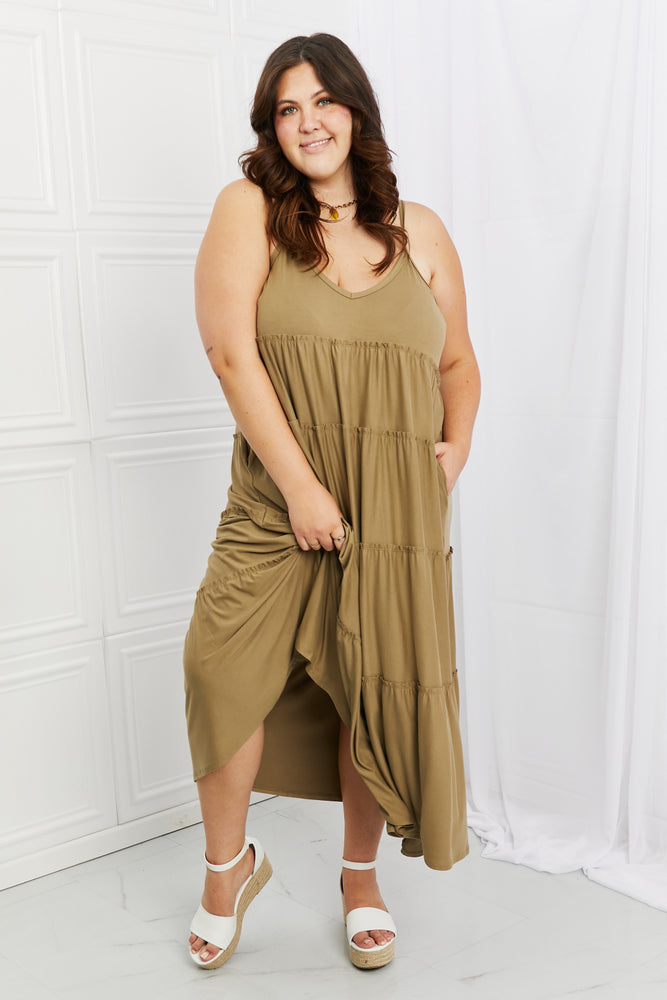 Day to Night Spaghetti Strap Tiered Dress with Pockets in Khaki