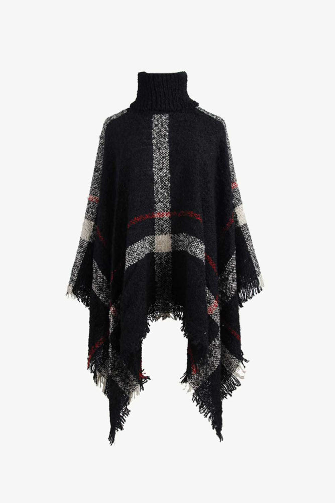 Plaid Turtleneck Raw Hem Poncho