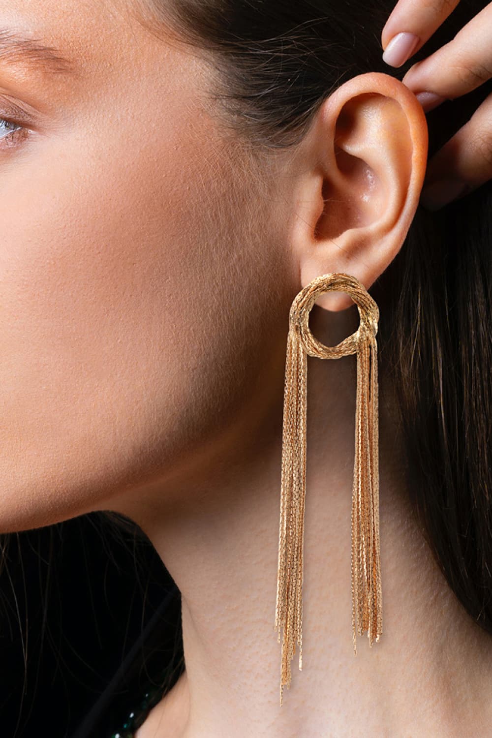 Unique Design Shining Rhinestone Chain Round Shape Exaggerated Women  Earrings - Golden